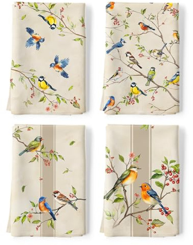 Arquiel Frühling Vögel Bäume Küchentücher 100% Baumwolle 4er-Set 48 x 70 cm | Geschirrtücher aus 100% Baumwolle, Motiv: Frühling Vögel Bäume; saugfähig und pflegeleicht zum Abtrocknen in der Küche.