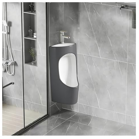 Orinatoio in ceramica a parete Orinatoio Angolare A Parete, Orinatoio in Ceramica Salvaspazio con Lavabo E Rubinetto, Orinatoi in Porcellana per Bagno Uomini(White+Gray)