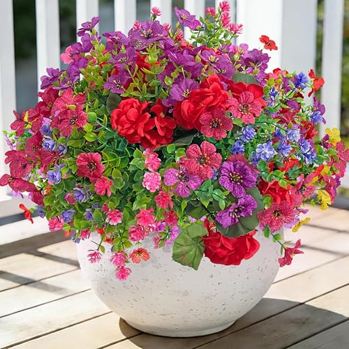 LuckyCao 10 Bündel Außen Kunstblumen Wie Echt Mit Geranien künstlich Blumen | Balkon Deko Outdoor Balkonpflanzen Wetterfest Plastikblumen Seidenblumen mischen Sommerdeko Für Blumenkasten Garten Topf
