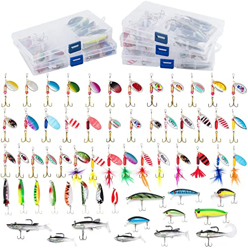Dr.Fish 60 Pieces Fishing Lures, 5 Tackle Box with Tackle Included, Trout Lures Rooster Tail Spinner Baits Soft Baits Fishing Lures for Freshwater Saltwater Crappie Walleye Bass Lures Kit