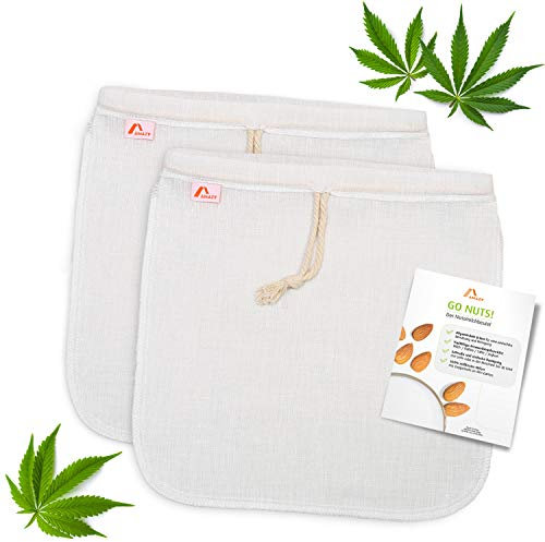 Amazy 2er Set Nussmilchbeutel aus Hanf inkl. Beileger mit Anwendungstipps | 100% natürlich – Vielseitiges Passiertuch zur Zubereitung von Nussmilch, Gemüsesäften und Smoothies (2 Stück | 30 x 30 cm)