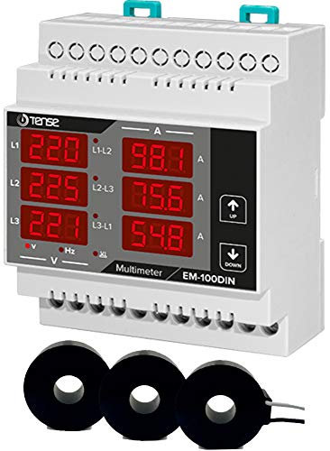 Tense Elektronik EM-100DIN Einbaumessgerät Multimeter zur Messung von Strom (1A-100A), Spannung und Frequenz in 3-Phasigen Netzwerken - DIN-Schiene Hutschiene digital, Grau, Schwarz, Rot