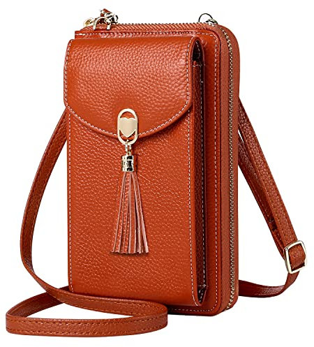 BTNEEU Handytasche zum Umhängen Damen Leder Handy Umhängetasche RFID Schutz Kleine Crossbody Tasche Handy Geldbeutel Handytasche Geldbörse mit 12 Kartenfächer Verstellbar Schultergurt (Braun)