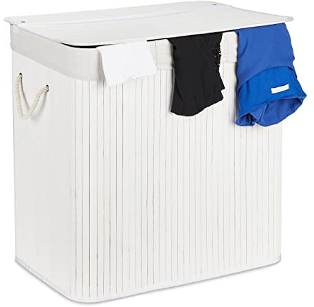 Relaxdays Panier à Linge, 3 Compartiments, avec Couvercle, trieur rectangulaire, HxLxP : 62x62,5x42,5 cm, Bambou, Blanc
