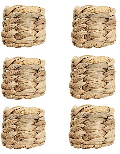 Lot de 6 ronds de serviette tissés à la main en jacinthe naturelle tressée pour fête d'anniversaire, mariage, Noël, Thanksgiving