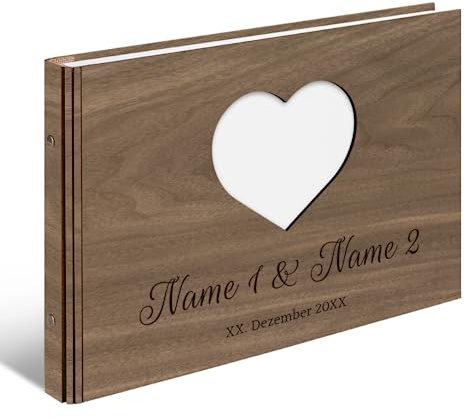 Personalisiertes Hochzeit Gästebuch echtes Holz lasergeschnitten DIN A4 Hochzeitsbuch mit Lasergravur - Herz - mit 72 Blatt / 144 Seiten Naturpapier Weiß