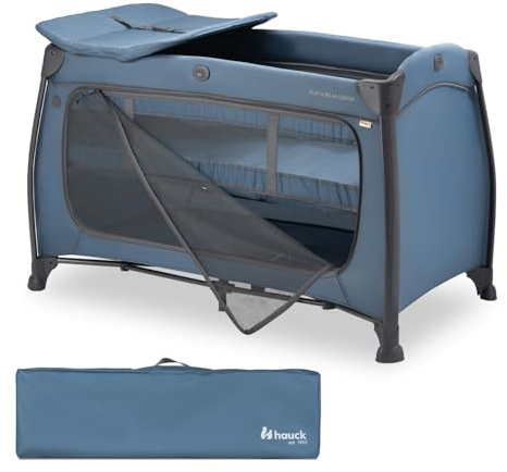 Hauck Play N Relax Center, Dark Blue - Baby & Kinderreisebett ab Geburt bis 15 kg mit Neugeboreneneinhang, Wickelauflage, Tragetasche, Rollen, XL Spiel Schlupf, Klein Zusammenklappbar