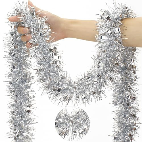 KINGLAKE Christmas Tinsel Garland, 10M x 9CM Silver Xmas Shiny Tinsel Garland Decorations, Christmas Metallic Chunky Tinsel Thick for Decorations Xmas Tree, Party, Home