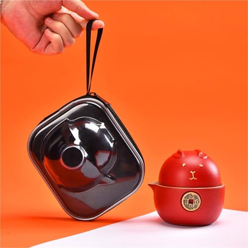 Chinese Mini Travel Tea Set with Case Lucky Cat Shape Ceramic Mountain Teapot with Infuser and 2 Kungfu Tea Cups Portable Travel Tea Set for Outdoor Camping Home Office(Red)