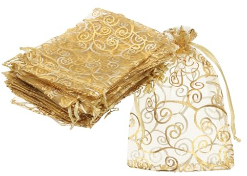sourcing map Organza-Beutel, 50 Stück, 9,9 x 15,9 cm, Süßigkeiten-Netzbeutel mit Kordelzug, Schmuck, Geschenk für Party, Gastgeschenk, Weihnachten, Hochzeit, Festival, kleines Geschenk, Weiß-Gold
