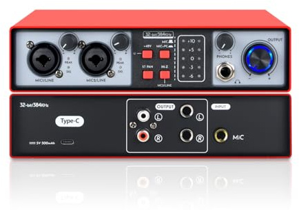Micfuns Interfaz de audio USB 2 en 2 salidas, 32 bits/384 kHz DSP, grabación de tarjeta de sonido, mezclador de audio, interfaz de audio para estudio en casa, puede conectar un micrófono de