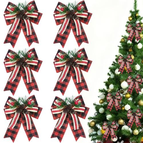 Pellinch Fiocchi rossi Natale, 6 pezzi di fiocchi di Natale, albero di Natale, rosso, tessuto, da appendere, tradizionale, Natale