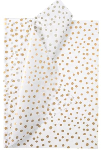 RUSPEPA Geschenkpapier Mit Punkten – 30 Blatt (35 X 50 Cm) – Golddruck, Zarte Punkte – Großpackung Für Geburtstag, Weihnachten, Hochzeit, Babyparty, Bastelarbeiten Und Gastgeschenke
