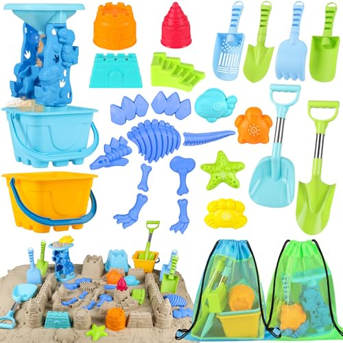 Beach Toys for Kids Toddlers, Sand Castle Toys with Bucket, Water Wheel, Long Shovel, Dinosaur Travel Sand Toys for Beach & Mesh Bag, Sandbox Essentials Toy for Toddlers Kids Baby Boys Girls Age 3-10