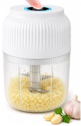 Sladdlös elektrisk vitlökshackare, 400ml mini matberedare med 6 blad | 400ml BPA-fri skål, 6 rostfria blad, sladdlös och uppladdningsbar, perfekt för grönsaker och barnmat(White)