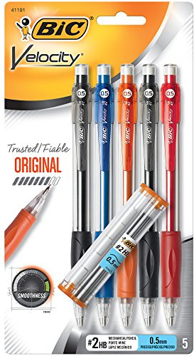 BIC Velocity Original tryckblyertspenna, fin spets (0,5 mm), slät mörk skrivning, 5 stycken