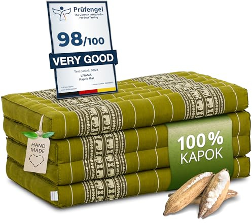 livasia Nachhaltige Klappmatratze aus Kapok - 200x80x8cm - Gästematratze, Faltbare Matratze für Van, ökologische Yogamatte, klappbares Gästebett, Liege für Garten und Balkon (Grün/Elefanten)