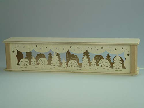 Rudolphs Schatzkiste Schwibbogenerhöhung mit Häuser Kirche und Beleuchtung BxHxT 52x10x10cm NEU Lichterbogen Fensterbogen Spitzbogen Erzgebirge Seiffen Weihnachten Licht Holz Dekoration Beleuchtung