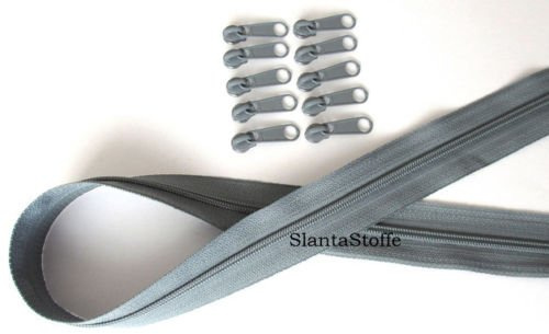 Slantastoffe 10m Reißverschluss endlos, Spirale 3mm + 30 Schieber/Zipper 33 Farben, Meterware Grau
