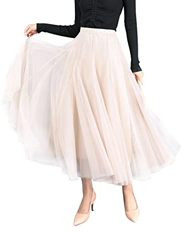 Falda Larga de Tul 3 Capas para Mujer Falda de Tiro Alto con Cintura Elástica Princesa Falda Maxifalda de Tul Must Have - Liso Beige