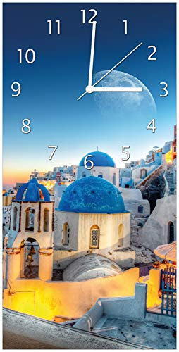 Wallario Design-Wanduhr Urlaub auf Santorini aus Glas, Motiv-Uhr Größe 30 x 60 cm, weiße Zeiger