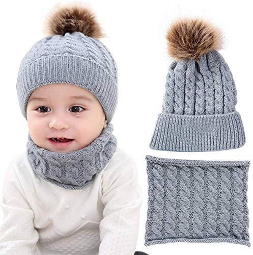 CheChury Niños Sombrero y Bufanda Conjunto Unisex Niños Niñas Invierno Bebe Gorros con Pompon Y Bufanda de Punto Cuello Redondo para 0-24 Meses Niña Niño
