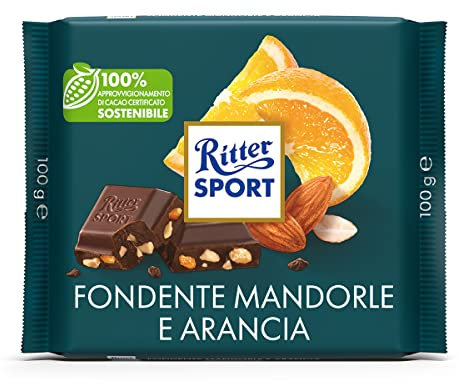 RITTER SPORT Fondente Mandorla Arancia, Tavoletta Cioccolato Fondente Con Granella di Mandorle e Cubetti di Scorze D'Arancia Candita, Cacao 100% Certificato Sostenibile, 100 g