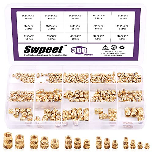 Swpeet,Set di 300 dadi zigrinati in ottone con inserto filettato in ottone, M2, M3, M4, M5, M6, filettatura femmina M6, saldati, kit di stampaggio ad iniezione perfetto per stampa 3D