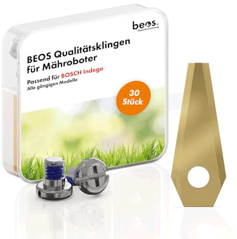 BEOS® 30 x Premium Titan Ersatzmesser für Bosch Indego + Schrauben mit Sicherung- Ersatzklingen für Bosch Indego Mähroboter – 1 mm Messerstärke für langes Rasenmäher Roboter Vergnügen – Zubehör-