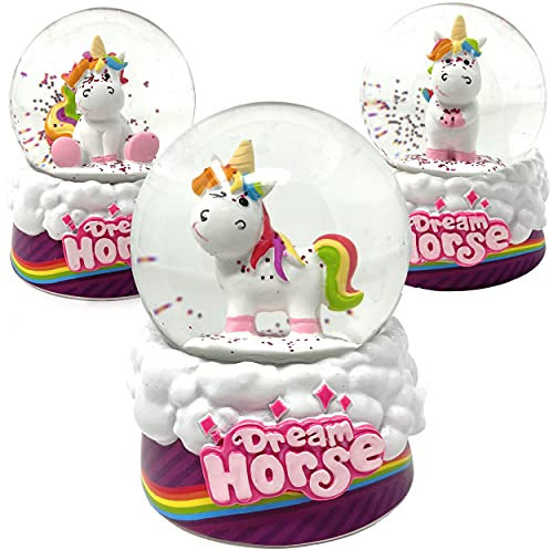 Schneekugel Einhorn mit Glitzer - Hochwertige Schüttelkugel aus Glas | Dekofigur Unicorn in 3 Varianten [Eine via zufällige Auswahl] | Deko Dream Horse Kugel Höhe 9 cm [1 Stück]
