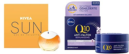 NIVEA SUN Eau de Toilette (30 ml) mit Original Sonnencreme Duft & Q10 Anti-Falten Beruhigung Nachtpflege (50 ml), Nachtcreme mit purem Q10 und Süßholzextrakt