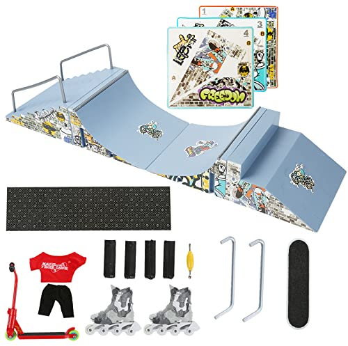 HIHOBDAY Skateboard-Set, Rampenteile für Finger, Skateboard, Park, Trainingsrequisiten mit Finger-Skateboards, Skates und Rollern, Blau, 4 Stück