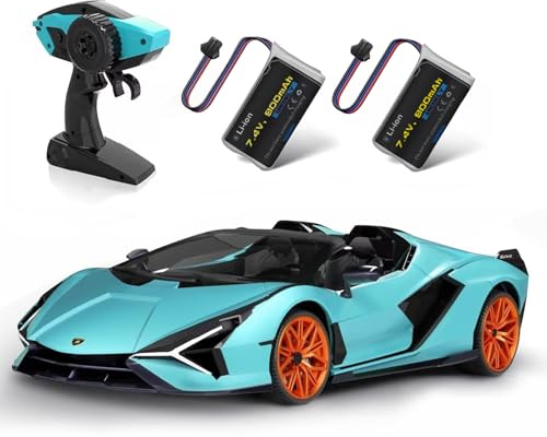 MIEBELY Lamborghini Remote Control Car, 1:12 Scale Lambo Toy Car 2 X 7.4V 900mAh Officially Licensed 12Km/h Fast Rc Cars with Led Light 2.4Ghz Model Car for Adult Boys Girls Birthday Ideas Gift - Blue