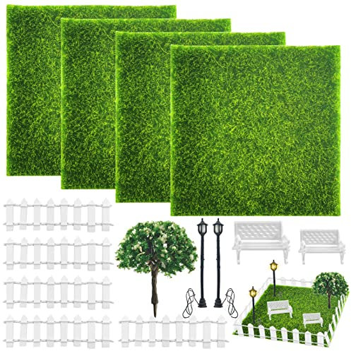 TOPJOWGA Kunstrasen Miniaturgarten, 14 Stück Miniatur Garten Deko, Miniatur Puppenhaus Gartenmöbel Parkbank Straßenlaterne Baum, Mikrolandschaft Miniatur Ornament Gartenzubehör Decor