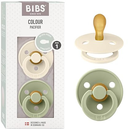 BIBS Colour Symmetrical Schnuller 2er Pack, BPA-frei Dummy-Schnuller, Symmetrischer Nippel. Naturkautschuk / Latex, Hergestellt in Dänemark. 0-6 Monate (2er Pack), Ivory / Sage