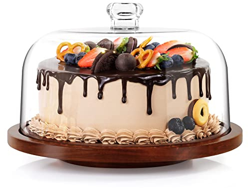 Cake Stand with Acrylic Dome, Rotating Cake Plate Acacia Wood Cake Stand with Acrylic Lid, Cake Display Server Tray, Cake Decorating Turntable for Baking Gifts, Birthday Kitchen Party, Weddings
