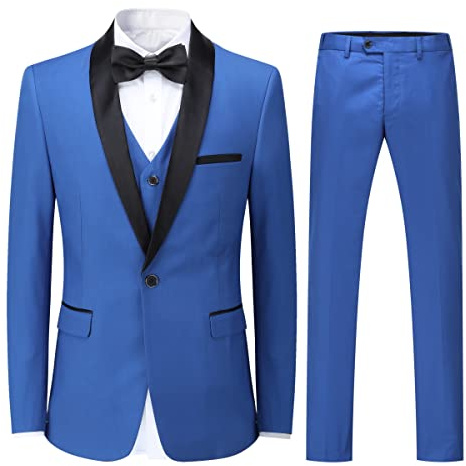 Sliktaa Trajes de Hombre de 3 Piezas Ajuste Entallado Boda Formal Cena Traje Negro Un Botón Solapa con Muescas Esmoquin Americana Chaqueta Pantalones y Chaleco #N976 Azul Claro L
