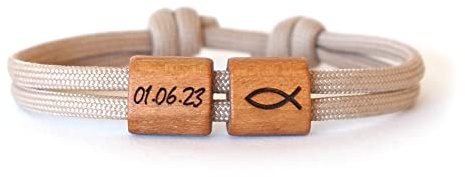 Personalisiertes Holzarmband mit Namensgravur für Jungen & Mädchen – Kinderarmband aus Echtholz & Segeltau – Kommunionsgeschenk mit Gravur – Armband mit Fisch Symbol zur Firmung, Konfirmation, Taufe