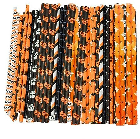 XNHIU 200Pcs Halloween Paper Straws - Black Orange - Table Decorations - Cute Drinking Straws - Disposable - Halloween Party