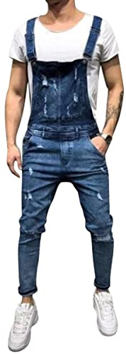 Oanviso Salopette Jeans pour Homme Slim Fashion Jumpsuit en Denim Casual Cowboy Salopette à Bretelles Vintage Déchiré Jeans Pantalon de Travail Couleur Unie/Camouflage Jeans Jumpsuit B Bleu XS