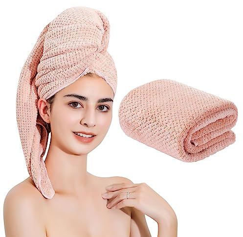Laojbaba Toalla de Microfibra para el Cabello, de Secado rápido, Adecuada para Todo Tipo de Cabello, Ultra Absorbente, Largo y Grueso, 24 x 48 Pulgadas, raíz de Loto, Rosa (1 Unidad)