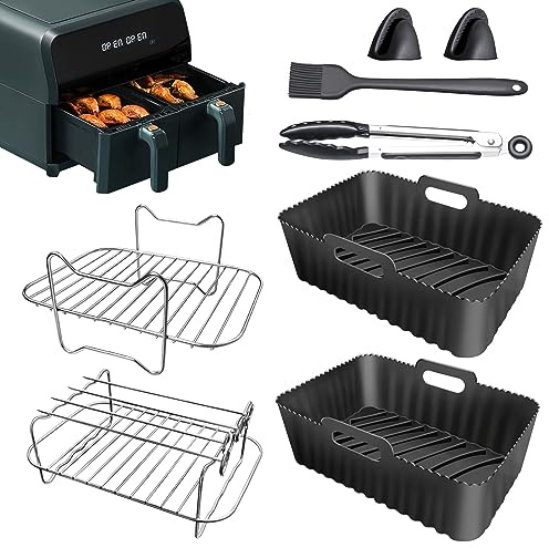Juego de 8 accesorios para freidora de aire con forro de silicona reutilizable, estante doble para freidora de aire, cepillo de aceite, brocheta, clip de alimentos, guante de silicona, pinza de cocina
