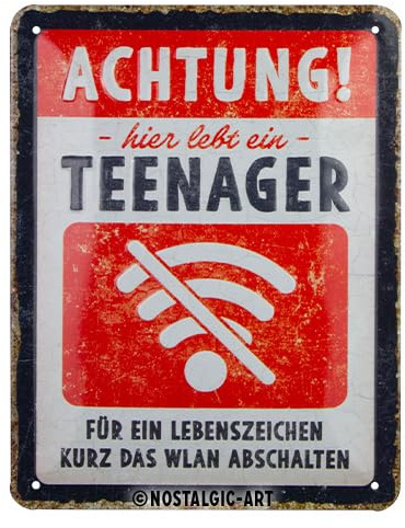 Nostalgic-Art Retro Blechschild, 15 x 20 cm, Achtung Teenager WLAN – Warnschild als Geschenk-Idee, aus Metall, Vintage Design mit Spruch, Blechschilder Sprüche | aus Metall, Vintage Design, Blechschilder Sprüche, Warnschild als Geschenk-Idee