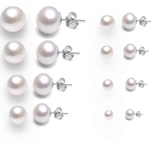 8 Paar Perlenohrringe Silber 925, Damen Ohrstecker, Perlen Ohrringe mit echten Perlen, 3/4/5/6/7/8/10/12mm Ohrringe Set für Mädchen