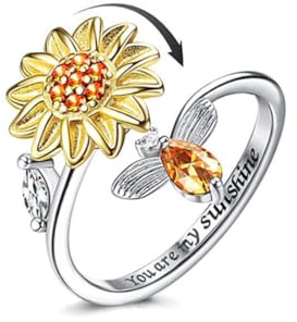Fidget Bague pour Femmes Réglable Anneau Ouvert Spinner Anneaux Bague, Marguerite Tournesol Fleur Pierre De Lune Bague Humeur Bague, Tournesol Spinner Anneau Gravé You Are My Sunshine à l'intérieur