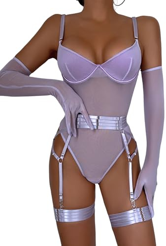 EVELIFE Women's Sexy Bodysuit Teddy Lingerie Stretchy Mesh with Removeable Garter Belt, Elegant Gloves & Thigh Straps 3PCS Set(Purple M)
