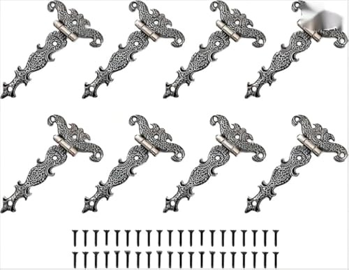 8Pcs Zinc Alloy Cabinet Hinges Decorative Retro Carved Hinges for Doors Cupboard Jewelry Case Box (T-Strap Style)