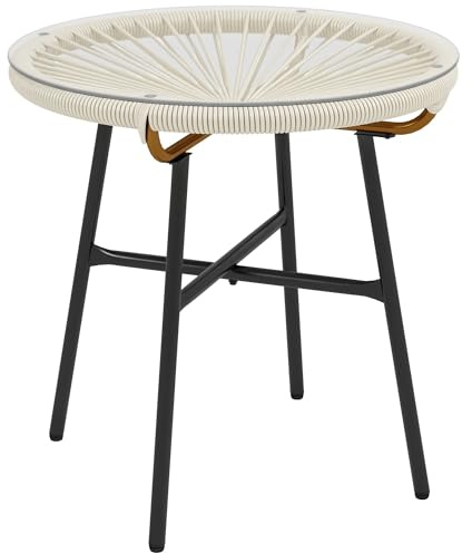 Outsunny Tavolino da salotto in rattan sintetico tavolino rotondo per esterni con piano in vetro temperato e gambe in metallo per patio giardino balcone Ø50 x 50 cm crema