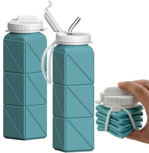 BEAUTAIL Bouteilles d'eau pliables avec paille 20,6 oz, bouteille d'eau pliable en silicone portable, sans BPA, réutilisable anti-fuites pour le voyage, le camping, la randonnée, le cyclisme, le yoga