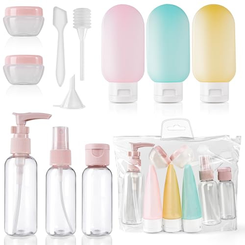 11 stycken reseflaskor, set av silikon, kosmetiska flaskor, 30/50/60/80 ml, reseflaskor för att fylla toalettartiklar, pumpdispenser schampo, transparent sprayflaska, små krämburkar